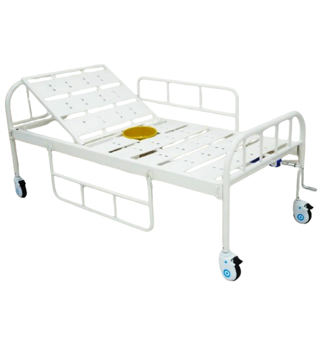 KW 579 - BACKREST/SEMI-FOWLER COT WITH COMMODE PROVISION, MS RAILINGS & WHEELS